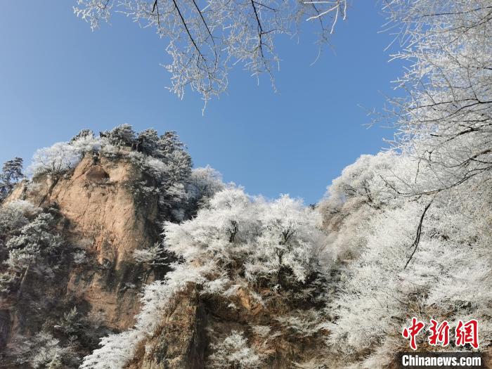 圖為藍(lán)天下霧凇籠罩山脈?！⌒煺袢A 攝