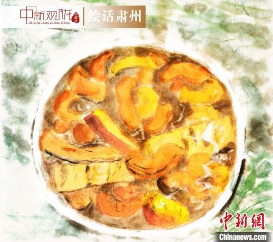 圖為酒泉美食“糊鍋”繪畫作品?！《排d彥 攝